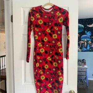Zara Red Long Sleeve Floral Bodycon Dress